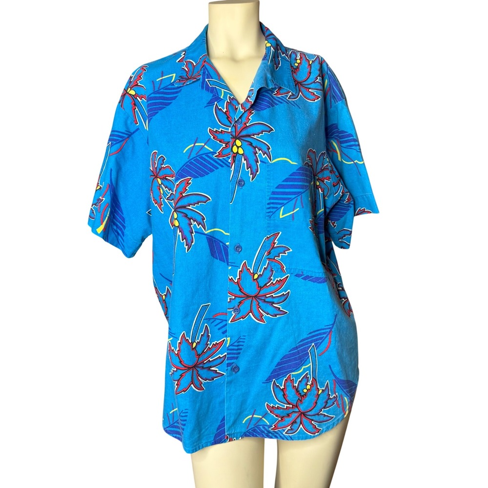 Ocean Pacific Button Down Shirt Mens Large Blue Tropical Palm Tree Vintage OP